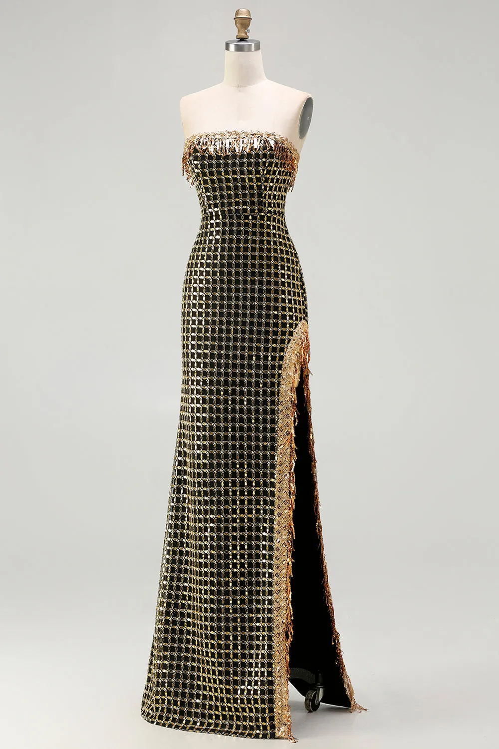 Sparkly Black Golden Strapless Sheath Sequins Beaded Long Prom Dress with Slit sold by Zapaka product image thumbnail 3