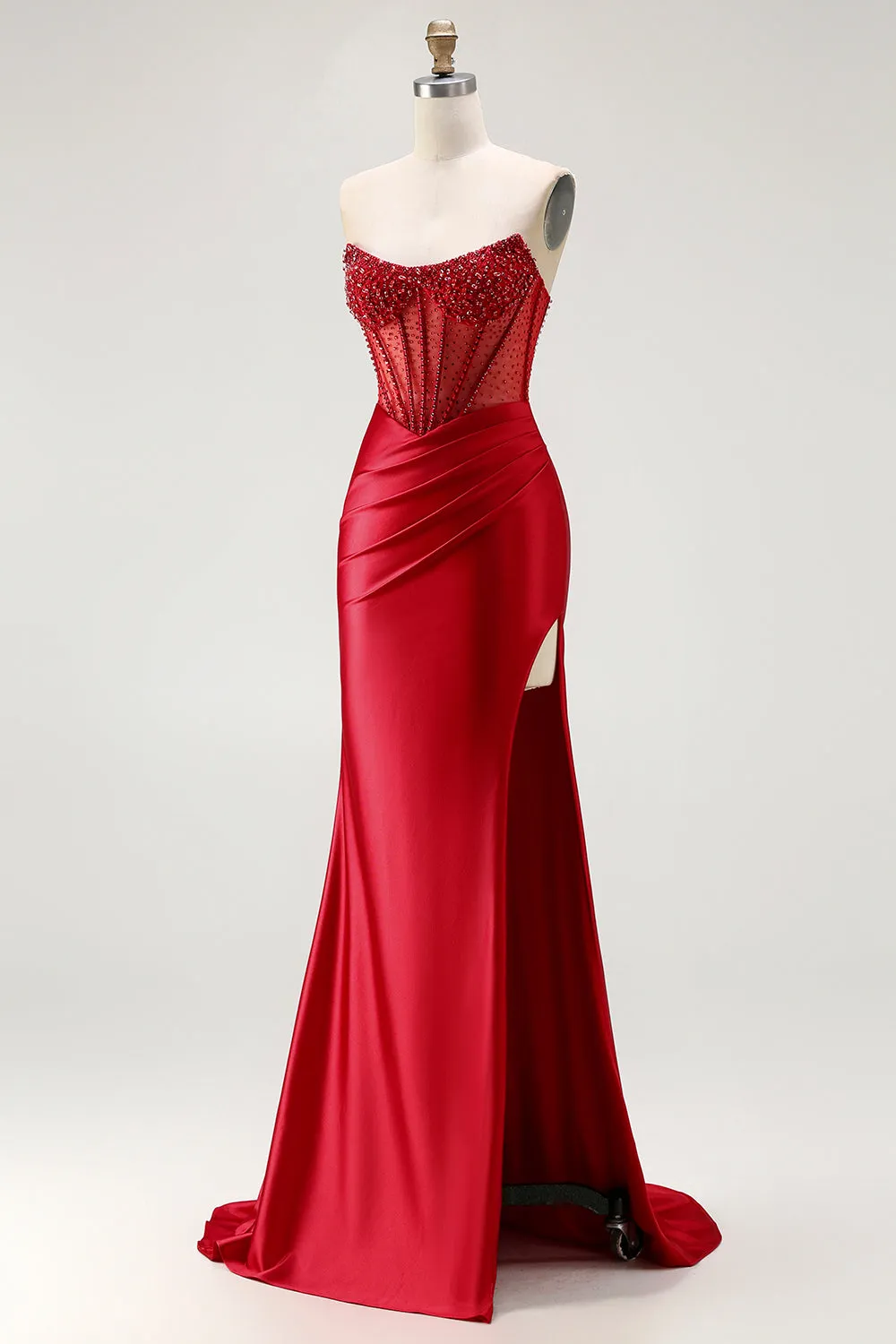 Red Strapless Mermaid Corset Beaded Ruched Satin Long Prom Dress with Slit sold by Zapaka product image thumbnail 3