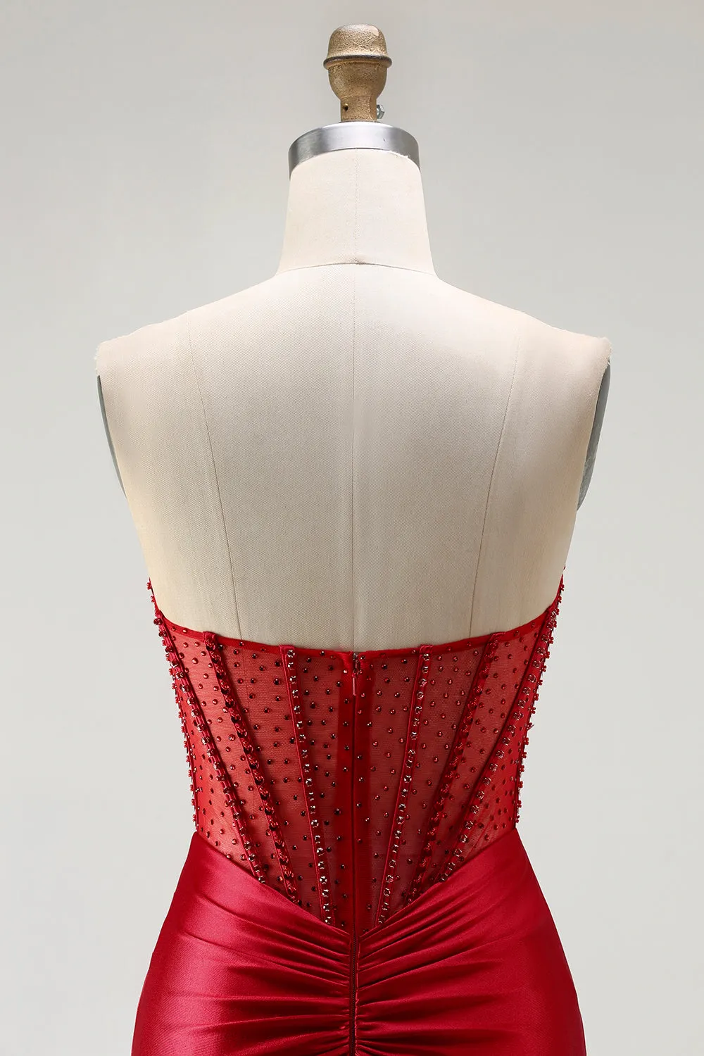 Red Strapless Mermaid Corset Beaded Ruched Satin Long Prom Dress with Slit sold by Zapaka product image thumbnail 5