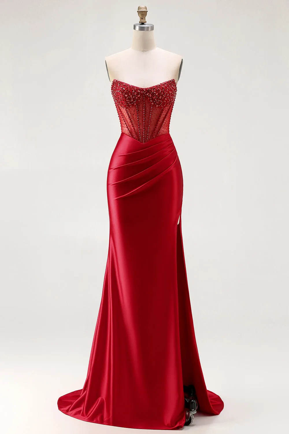 Red Strapless Mermaid Corset Beaded Ruched Satin Long Prom Dress with Slit sold by Zapaka