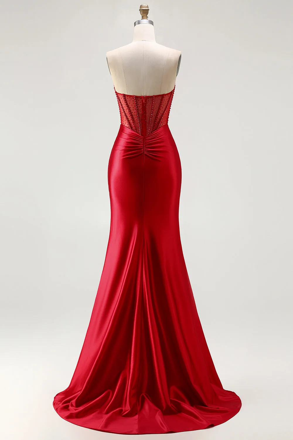 Red Strapless Mermaid Corset Beaded Ruched Satin Long Prom Dress with Slit sold by Zapaka product image thumbnail 2