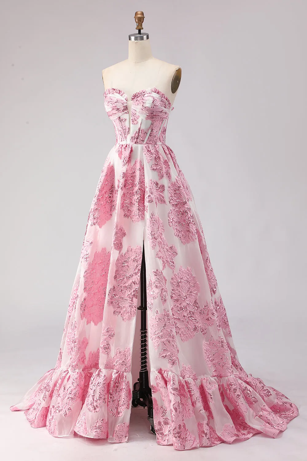 Strapless A Line Pink Jacquard Corset Long Prom Dress with Slit sold by Zapaka product image thumbnail 3