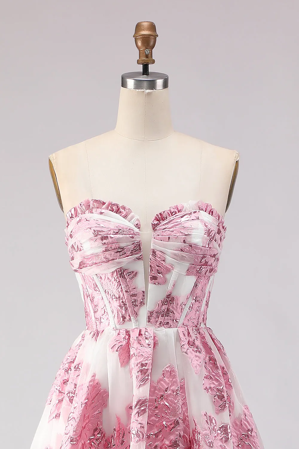 Strapless A Line Pink Jacquard Corset Long Prom Dress with Slit sold by Zapaka product image thumbnail 4