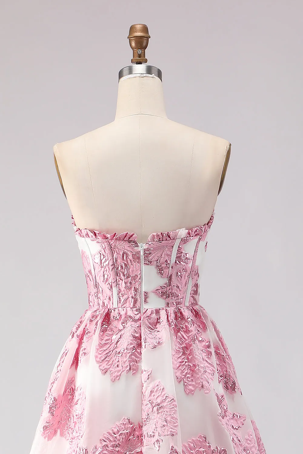 Strapless A Line Pink Jacquard Corset Long Prom Dress with Slit sold by Zapaka product image thumbnail 5