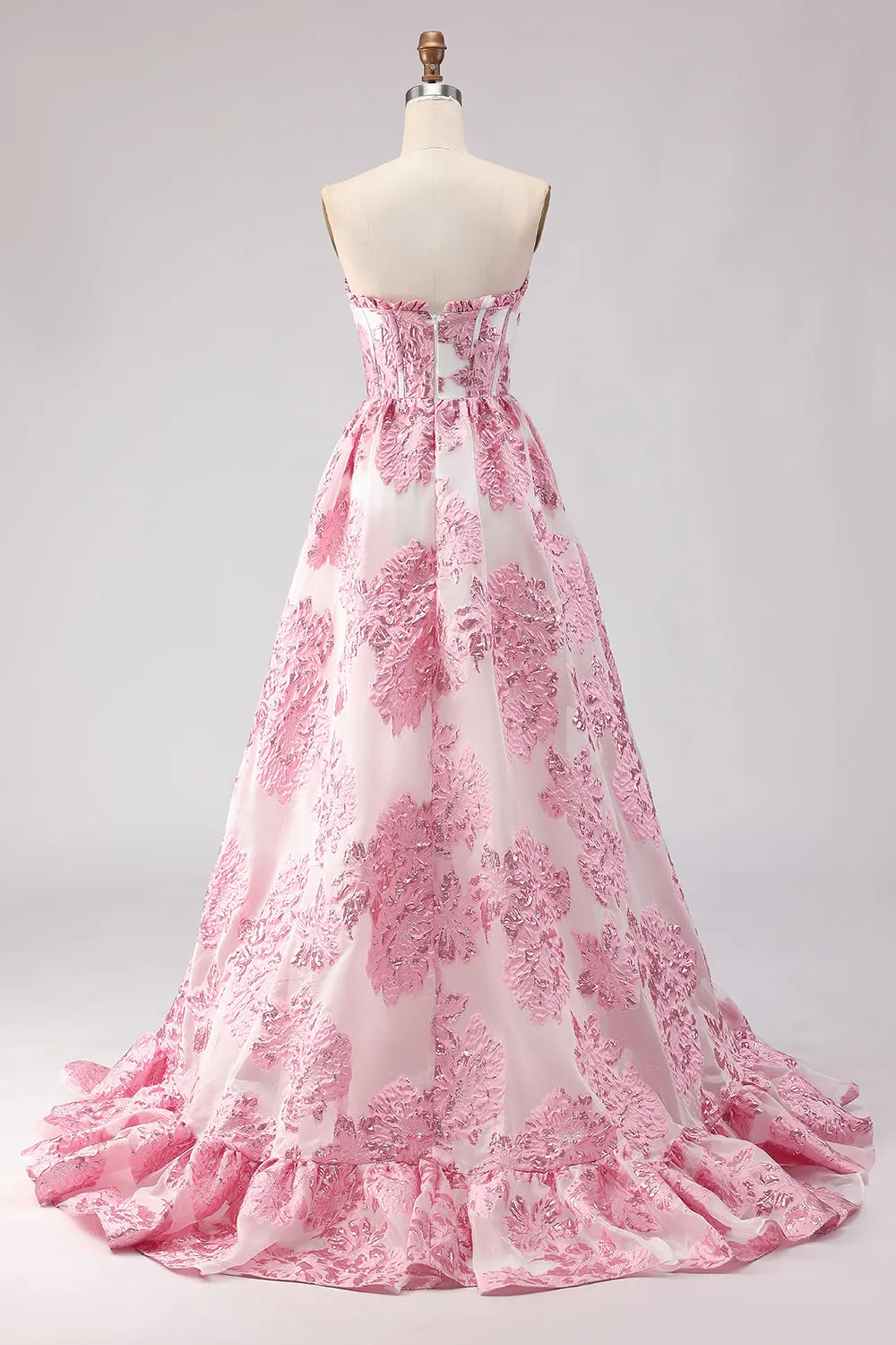 Strapless A Line Pink Jacquard Corset Long Prom Dress with Slit sold by Zapaka product image thumbnail 2