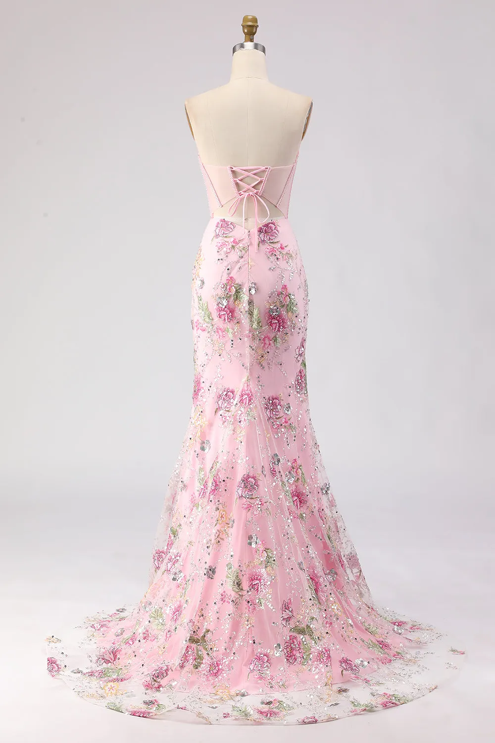 Romantic Pink Mermaid Strapless Sheer Boned Corset Sequins Long Prom Dress with Slit sold by Zapaka product image thumbnail 2