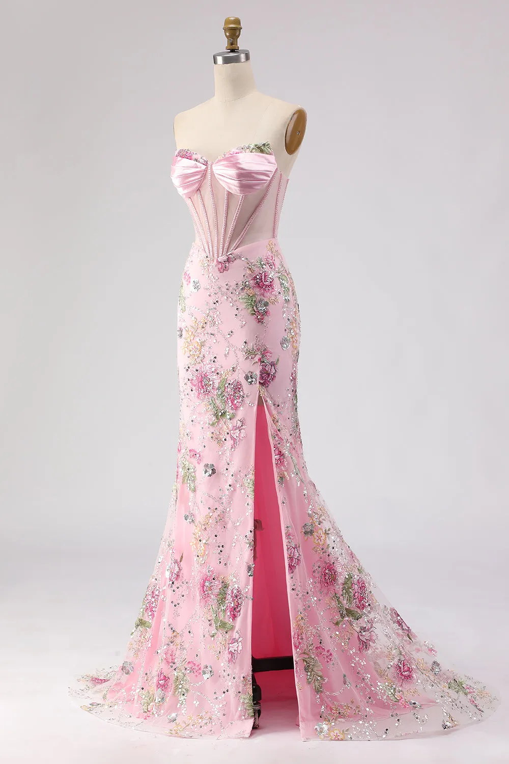 Romantic Pink Mermaid Strapless Sheer Boned Corset Sequins Long Prom Dress with Slit sold by Zapaka product image thumbnail 3