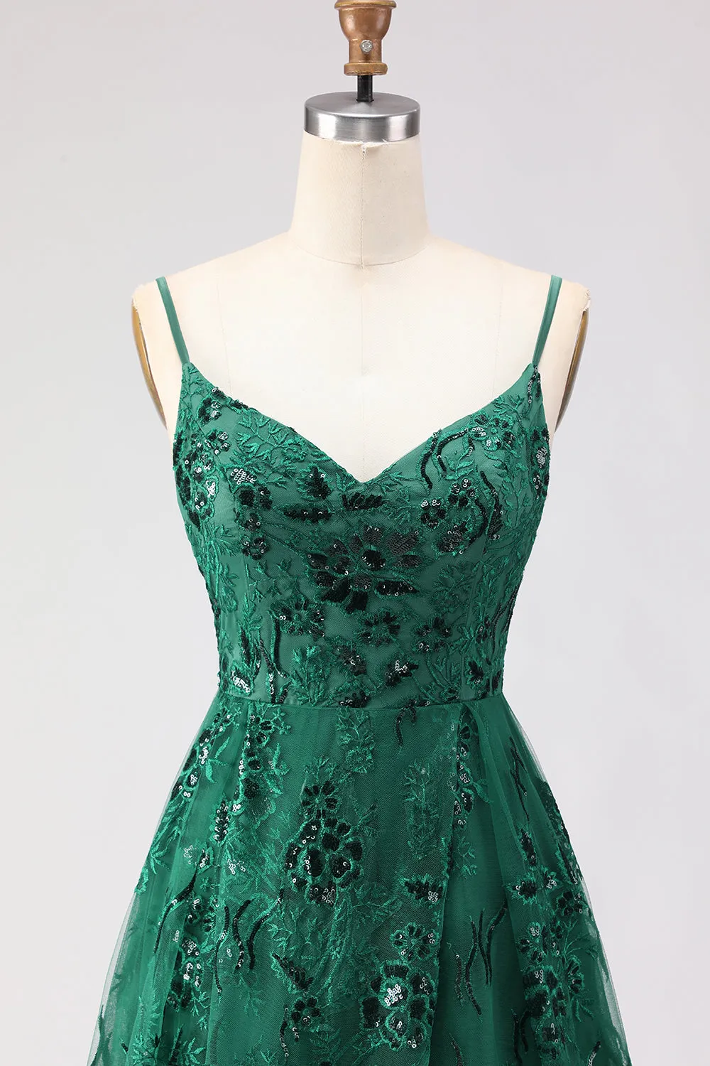 Dark Green A Line Sequins Embroidered Lace Up Back Long Prom Dress with Slit sold by Zapaka product image thumbnail 4