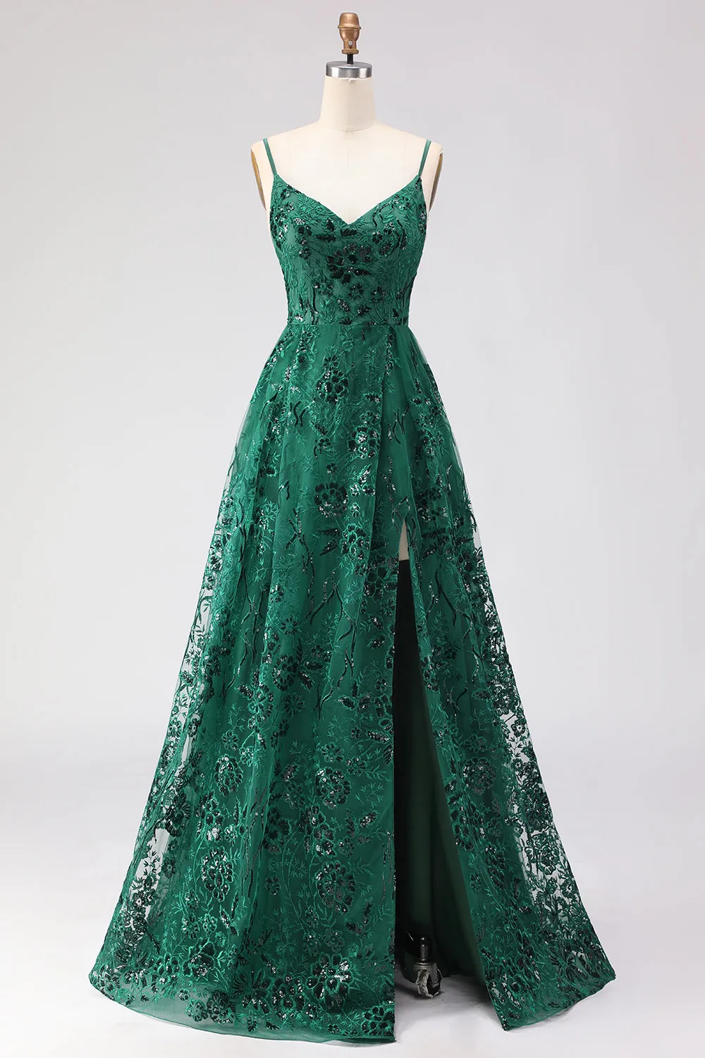 Dark Green A Line Sequins Embroidered Lace Up Back Long Prom Dress with Slit sold by Zapaka