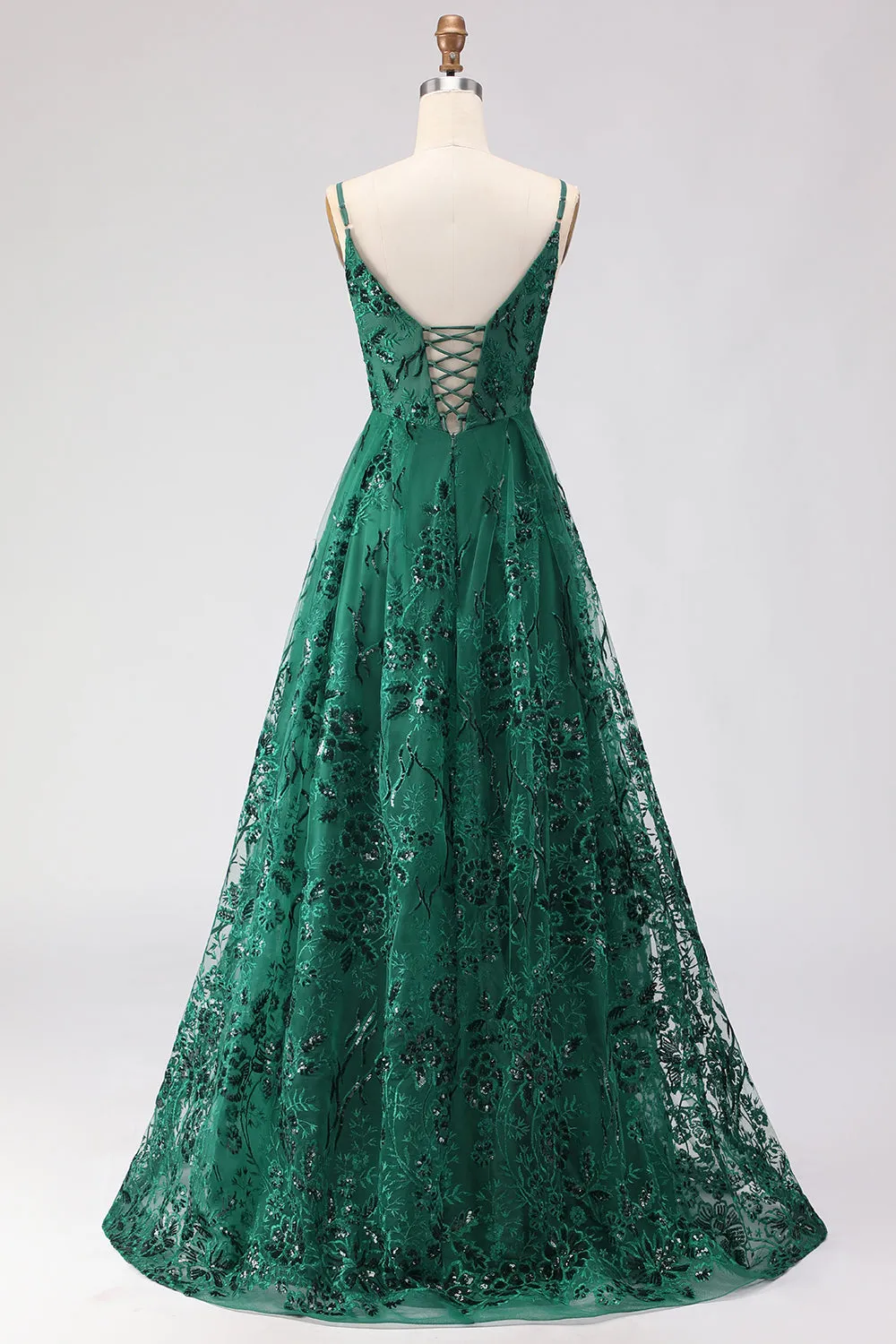 Dark Green A Line Sequins Embroidered Lace Up Back Long Prom Dress with Slit sold by Zapaka product image thumbnail 2