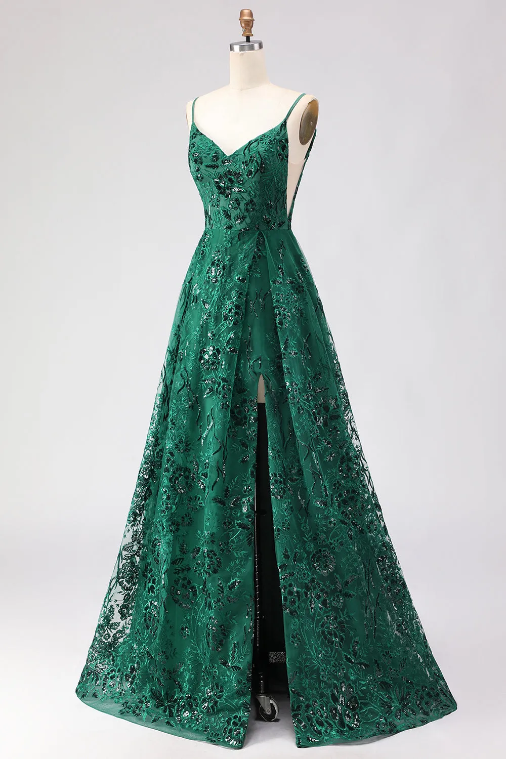 Dark Green A Line Sequins Embroidered Lace Up Back Long Prom Dress with Slit sold by Zapaka product image thumbnail 3