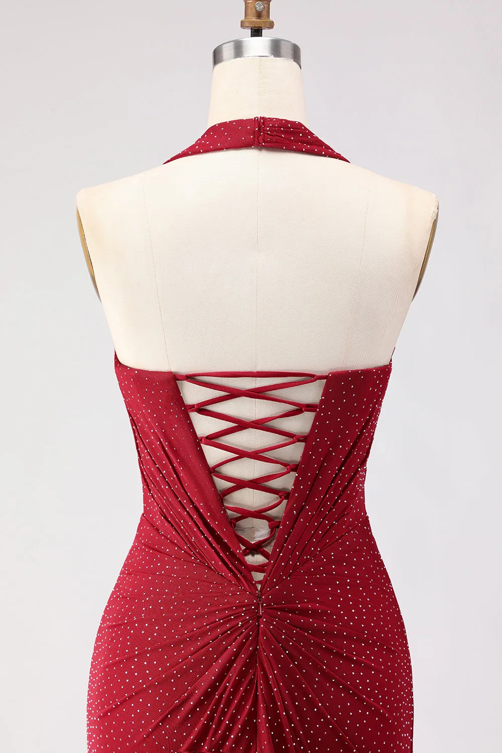 Dark Red Halter Beaded Mermaid Lace Up Back Long Prom Dress with Slit sold by Zapaka product image thumbnail 5