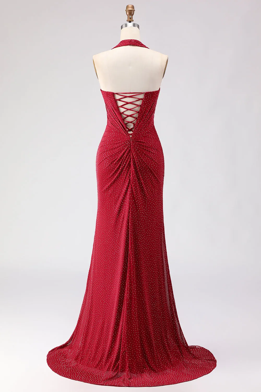 Dark Red Halter Beaded Mermaid Lace Up Back Long Prom Dress with Slit sold by Zapaka product image thumbnail 2