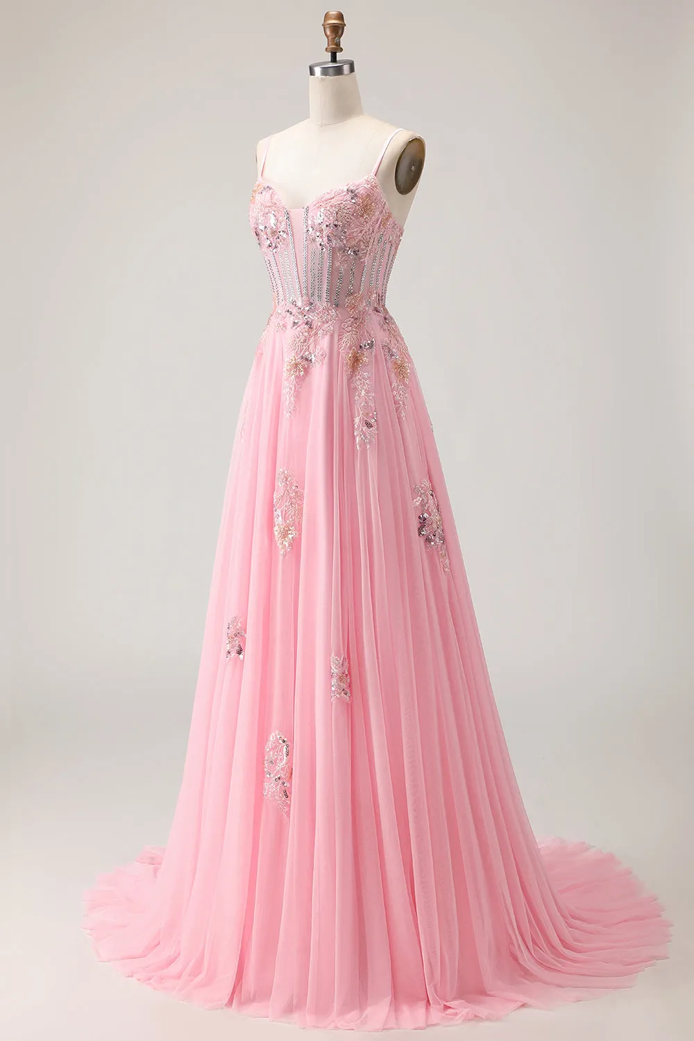 Pink A Line Corset Beaded Sequins Appliqued Long Prom Dress with Lace Up Back sold by Zapaka product image thumbnail 2