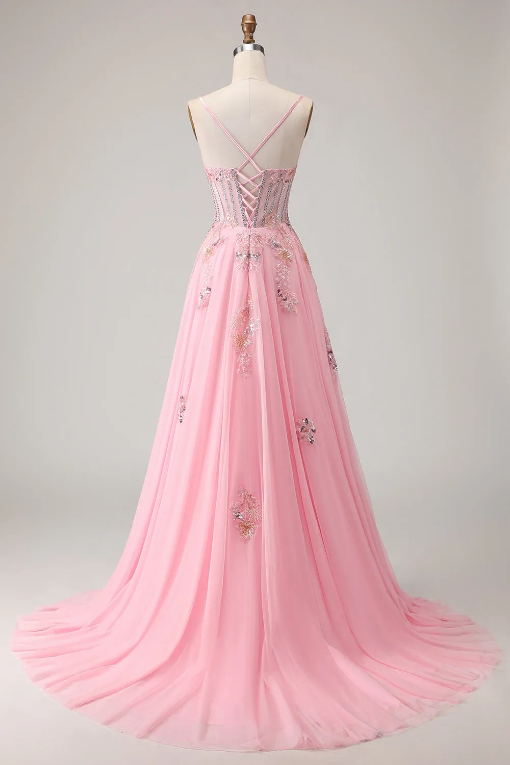 Pink A Line Corset Beaded Sequins Appliqued Long Prom Dress with Lace Up Back sold by Zapaka product image thumbnail 3
