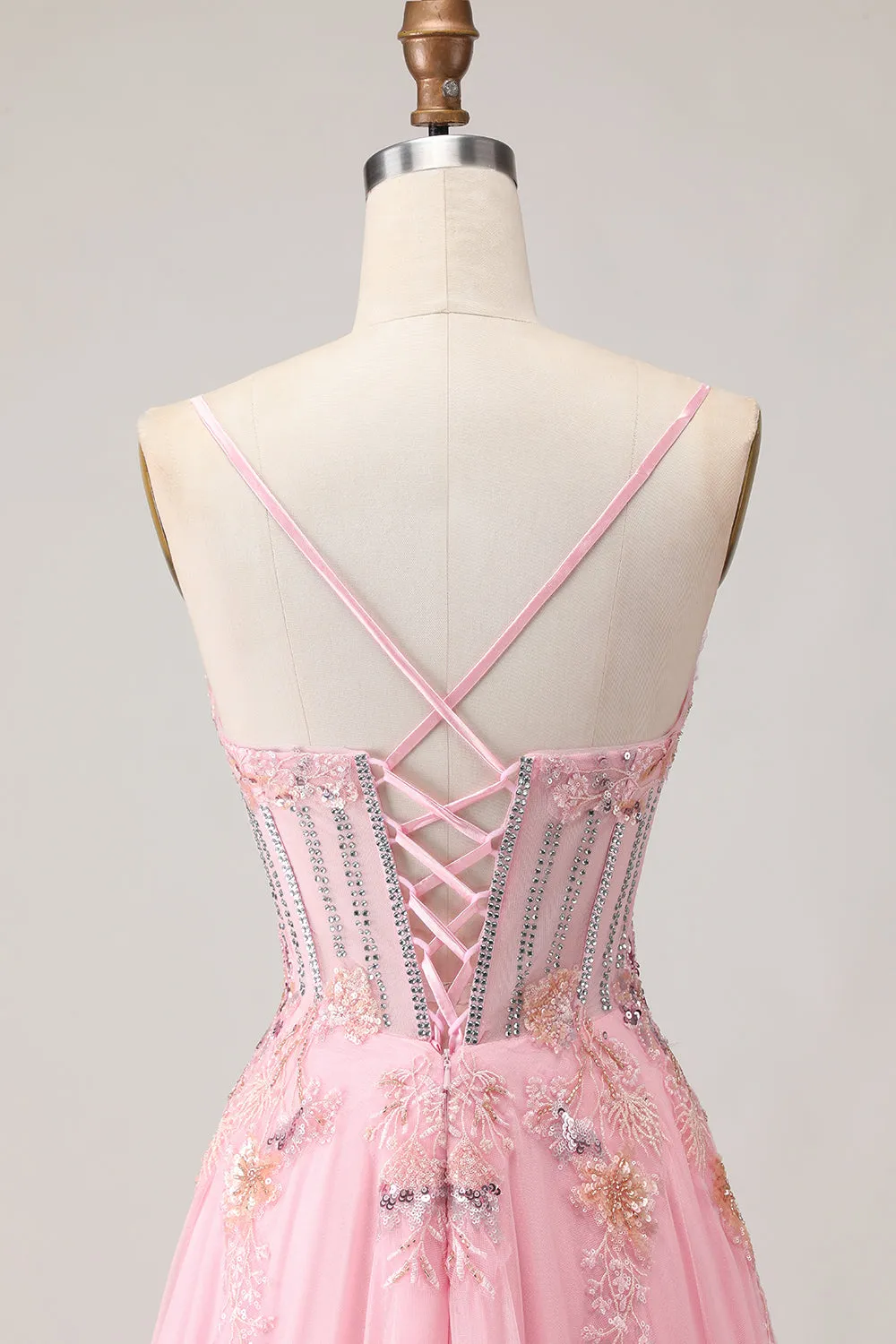 Pink A Line Corset Beaded Sequins Appliqued Long Prom Dress with Lace Up Back sold by Zapaka product image thumbnail 5