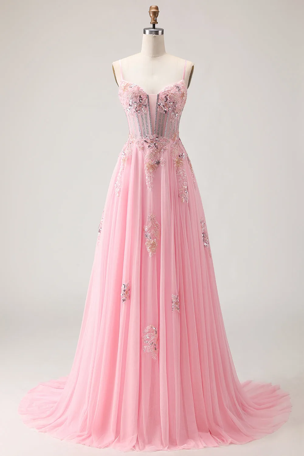 Pink A Line Corset Beaded Sequins Appliqued Long Prom Dress with Lace Up Back sold by Zapaka