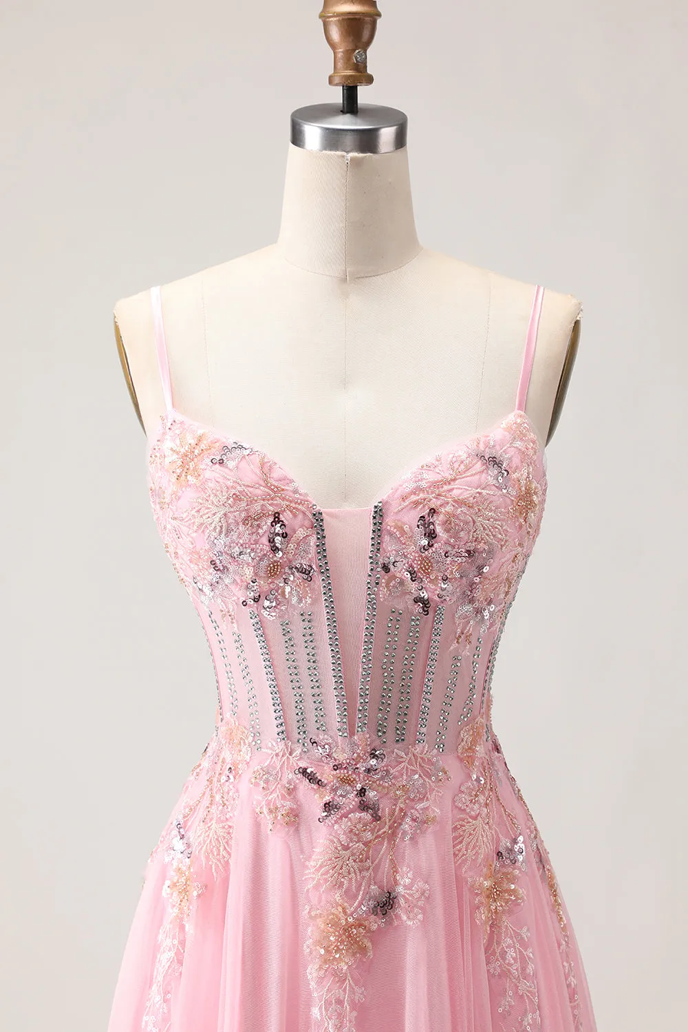 Pink A Line Corset Beaded Sequins Appliqued Long Prom Dress with Lace Up Back sold by Zapaka product image thumbnail 4