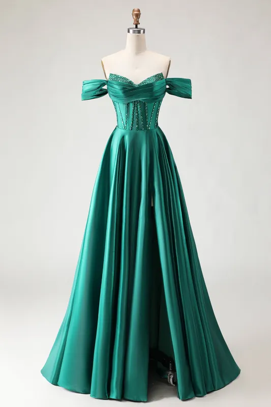Off The Shoulder Dark Green Beaded A Line Corset Long Prom Dress with Slit sold by Zapaka