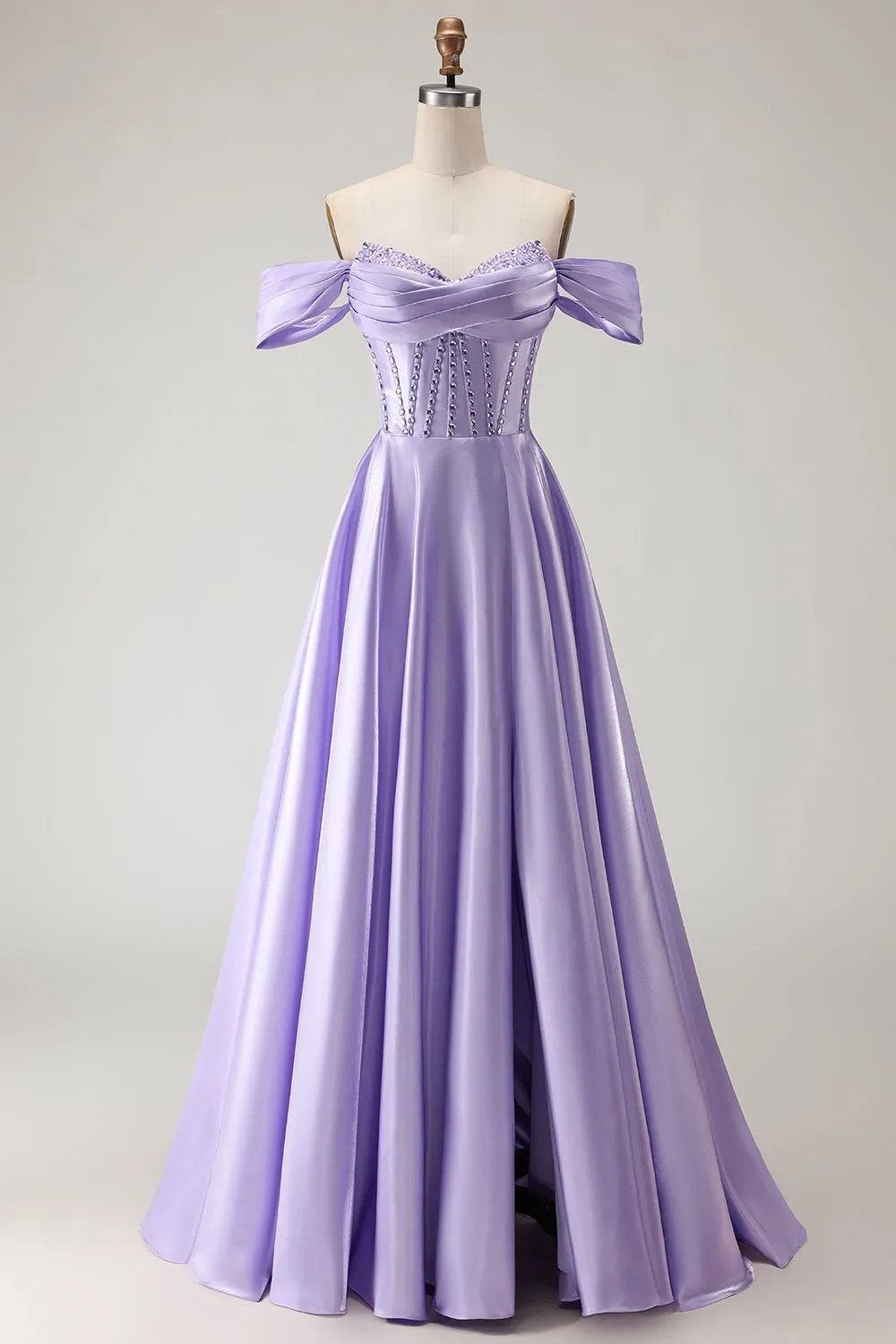 Off The Shoulder Beaded A Line Purple Corset Long Prom Dress with Slit sold by Zapaka