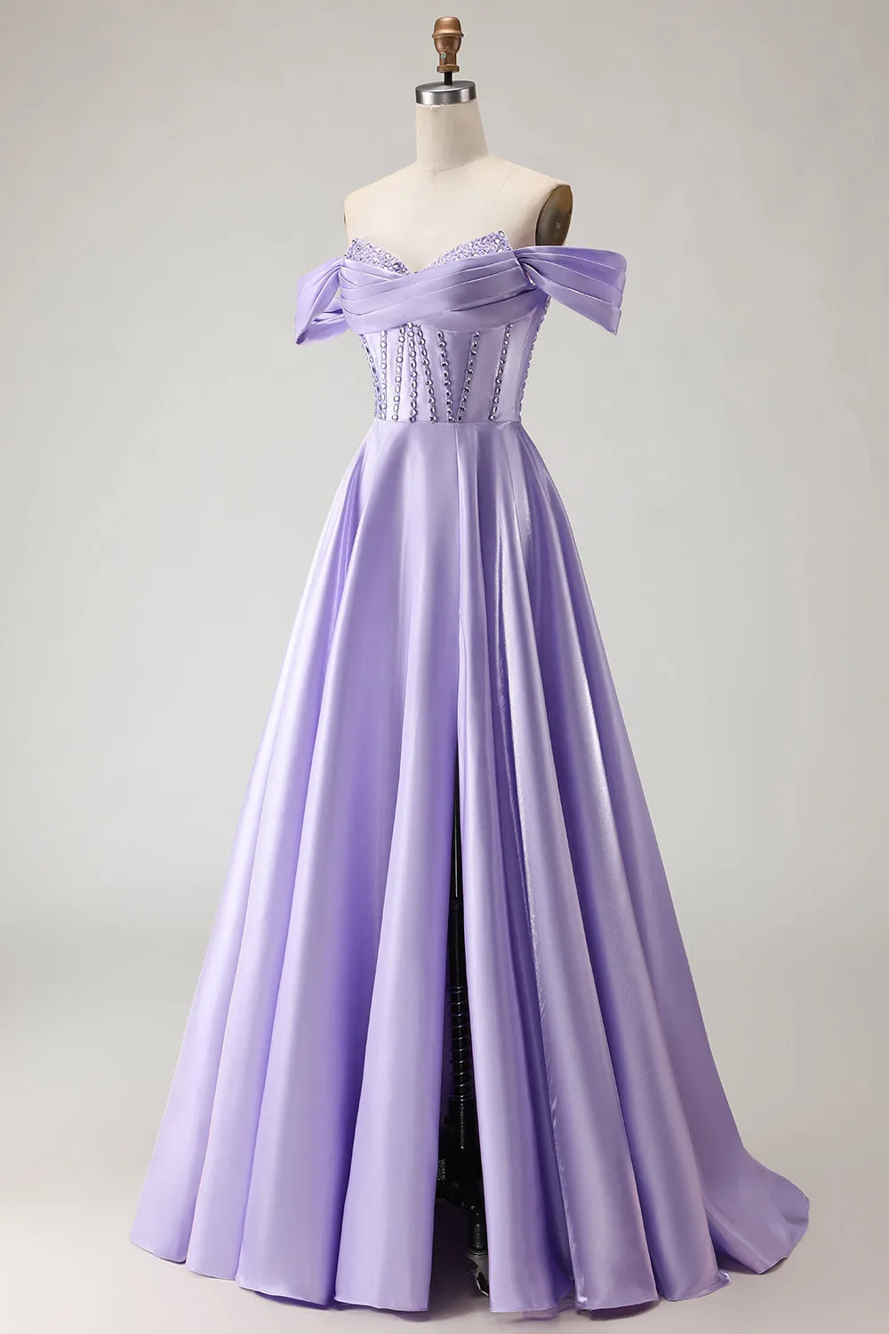Off The Shoulder Beaded A Line Purple Corset Long Prom Dress with Slit sold by Zapaka product image thumbnail 3