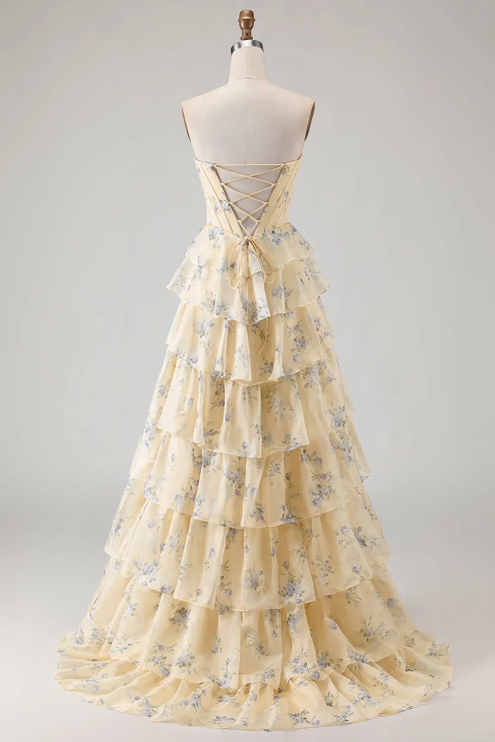 Strapless Yellow Blue Flower A Line Tiered Ruffle Corset Long Prom Dress with Slit sold by Zapaka product image thumbnail 2