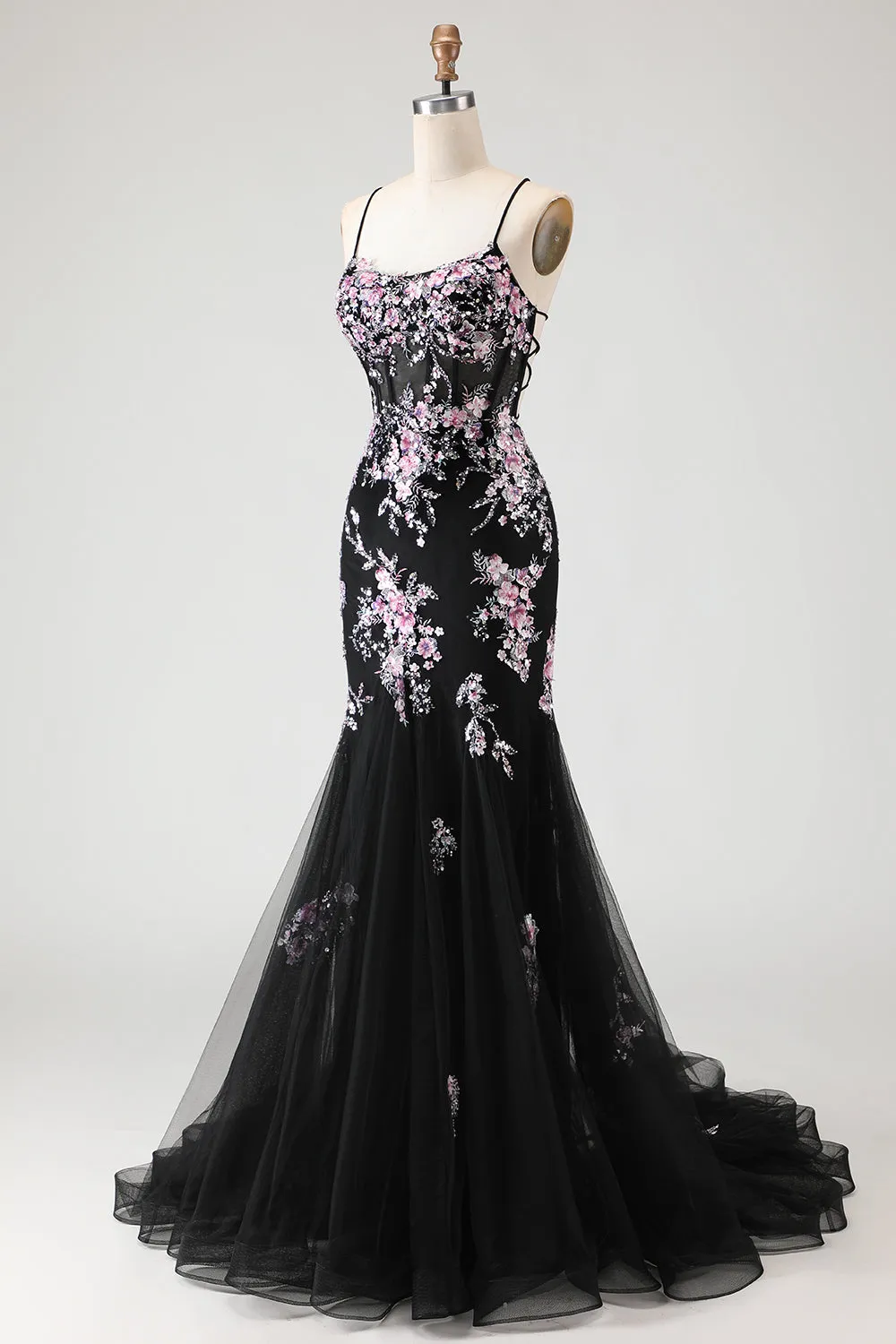 Sparkly Black Pink Flower Mermaid Sequins Corset Long Prom Dress with Lace Up Back sold by Zapaka product image thumbnail 3