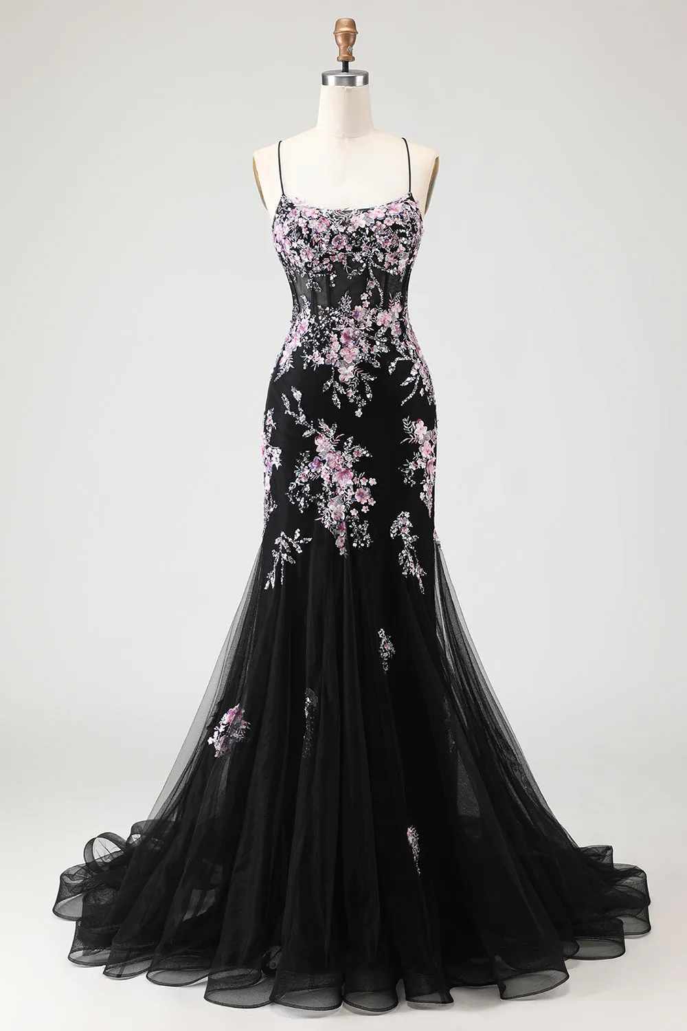 Sparkly Black Pink Flower Mermaid Sequins Corset Long Prom Dress with Lace Up Back sold by Zapaka