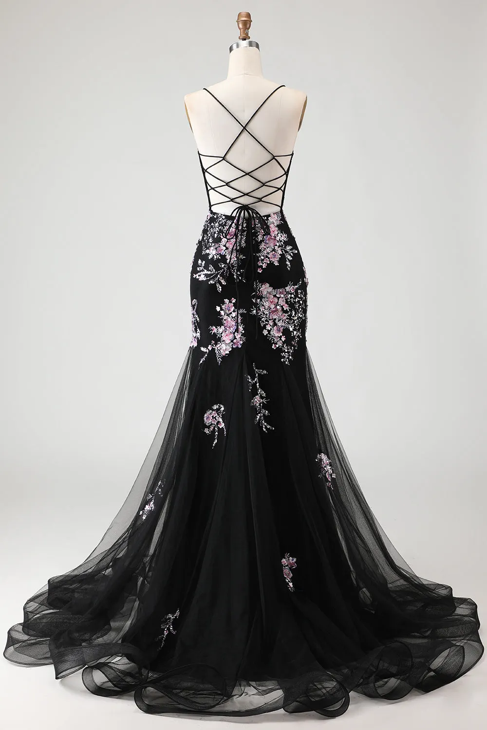 Sparkly Black Pink Flower Mermaid Sequins Corset Long Prom Dress with Lace Up Back sold by Zapaka product image thumbnail 2