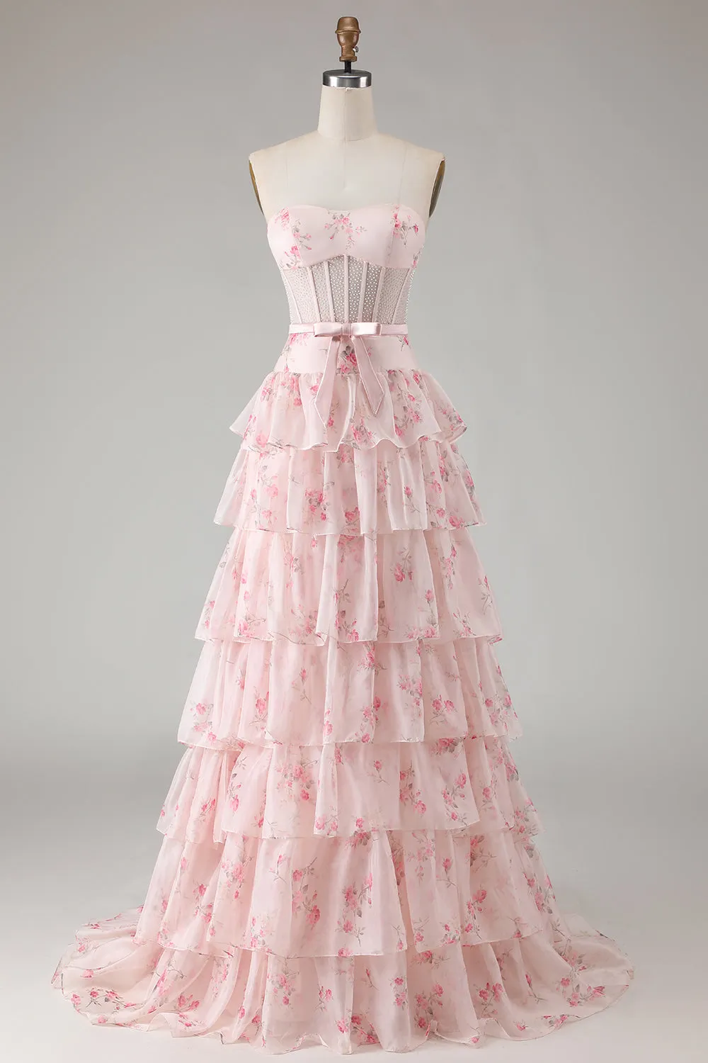 Pink Floral Strapless Tiered A Line Corset Print Beaded Long Prom Dress with Ruffles sold by Zapaka