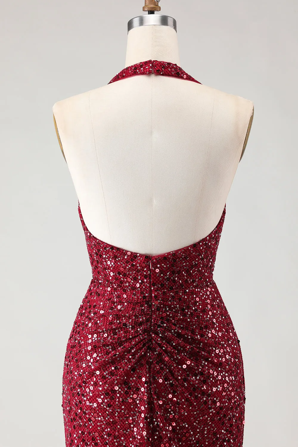 Sparkly Burgundy Halter Mermaid Sequins Long Prom Dress with Slit sold by Zapaka product image thumbnail 5