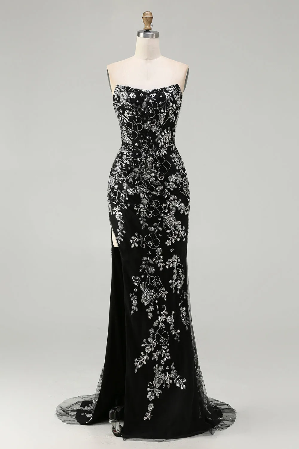 Black Mermaid Strapless Appliqued Long Prom Dress with Beading sold by Zapaka