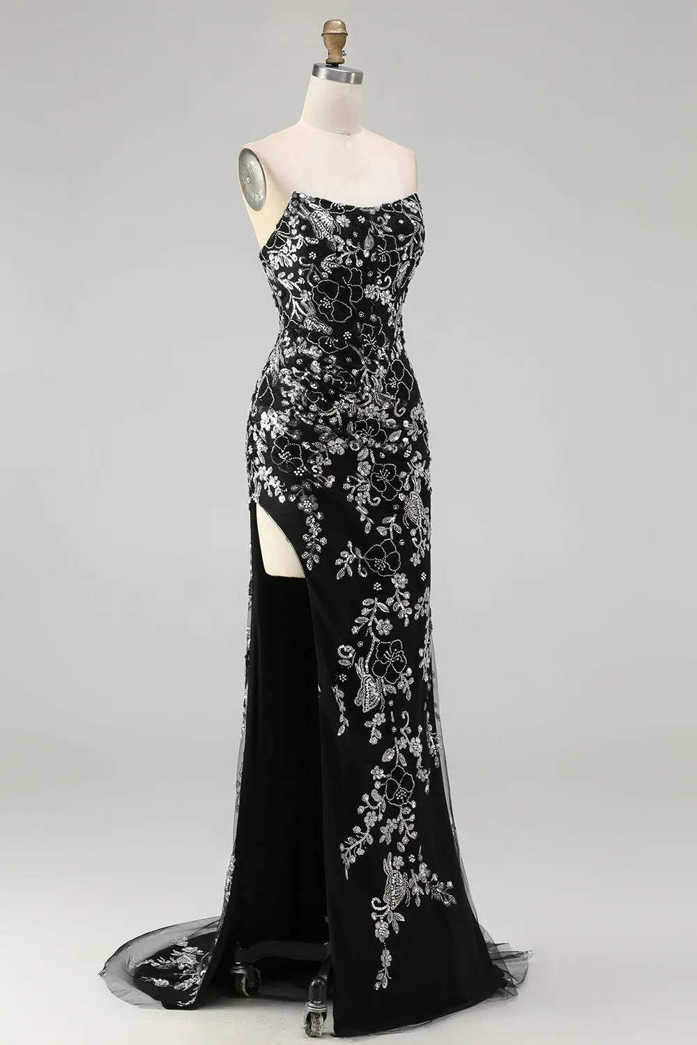 Black Mermaid Strapless Appliqued Long Prom Dress with Beading sold by Zapaka product image thumbnail 3