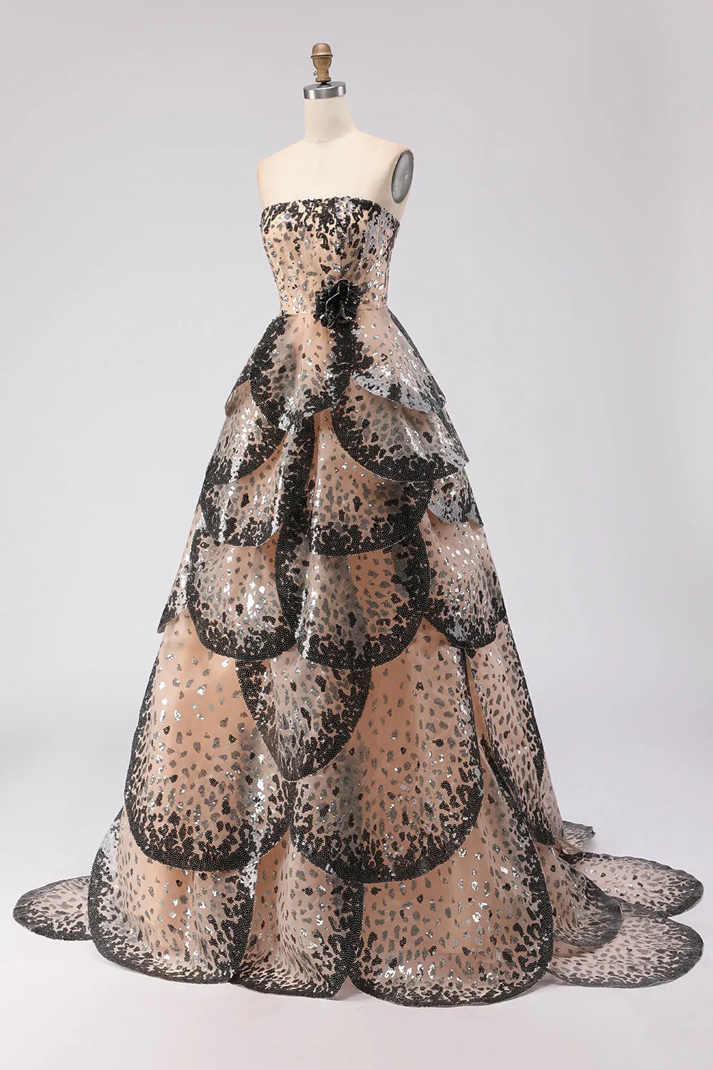 Sparkly Black Apricot Strapless A Line Sequin Tiered Princess Long Prom Dress sold by Zapaka product image thumbnail 3