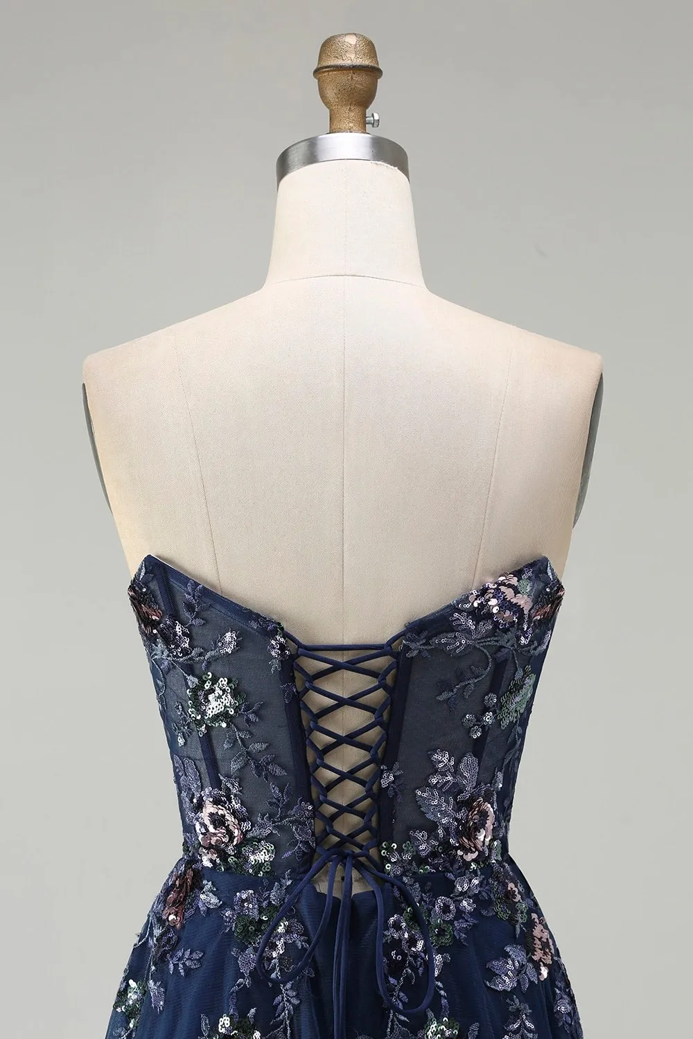 Navy Sweetheart A Line Sequin Corset Long Prom Dress with Slit sold by Zapaka product image thumbnail 5