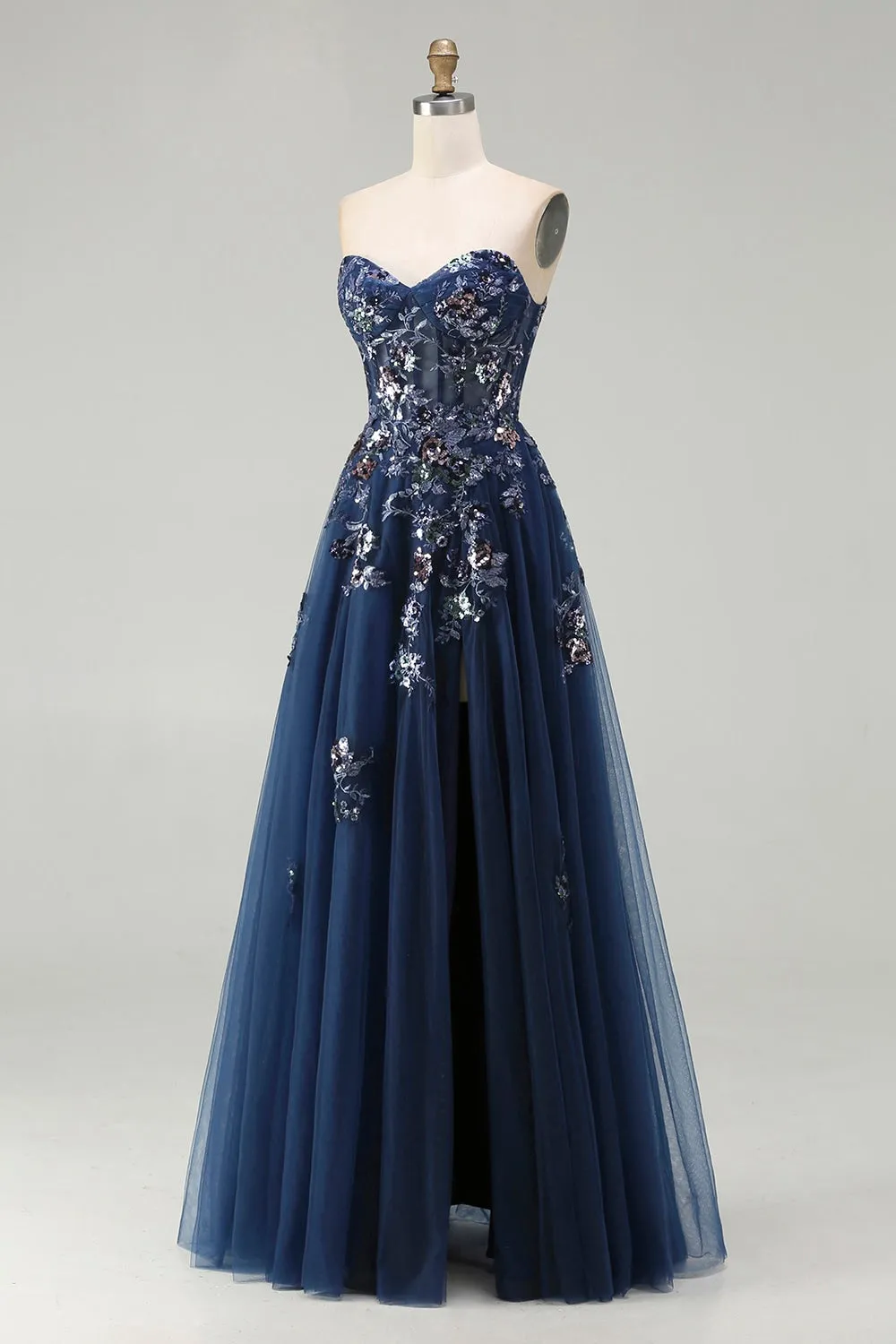 Navy Sweetheart A Line Sequin Corset Long Prom Dress with Slit sold by Zapaka product image thumbnail 3