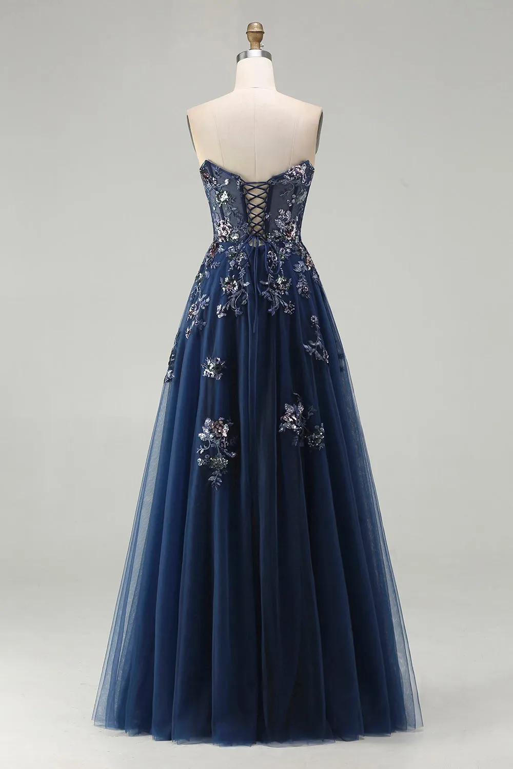 Navy Sweetheart A Line Sequin Corset Long Prom Dress with Slit sold by Zapaka product image thumbnail 2