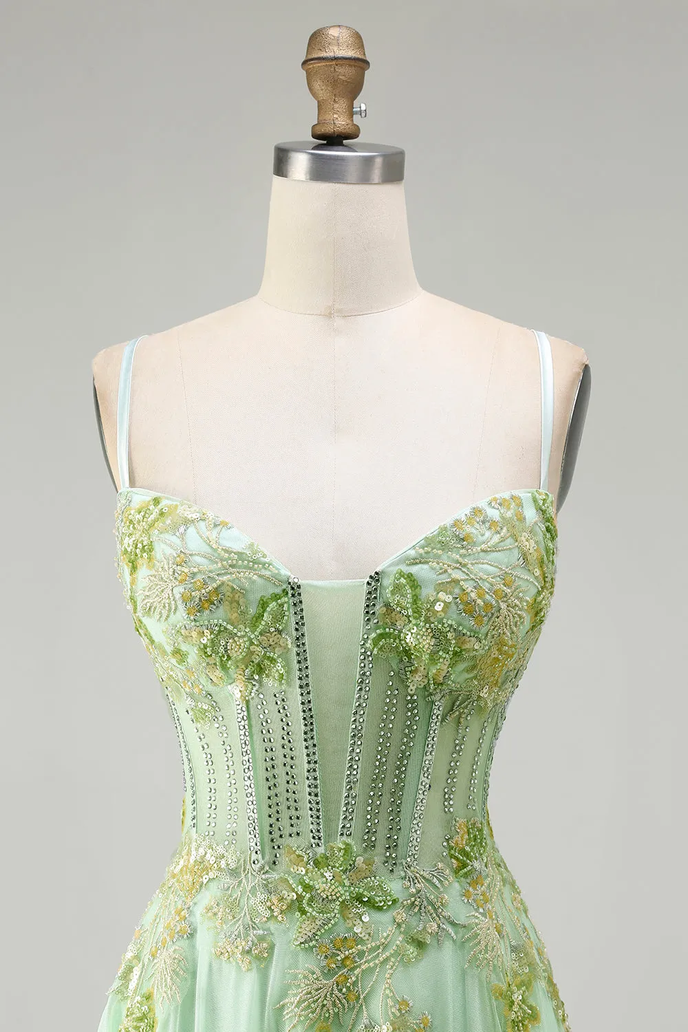 Green A Line Beaded Corset Sequin Appliqued Long Prom Dress sold by Zapaka product image thumbnail 4