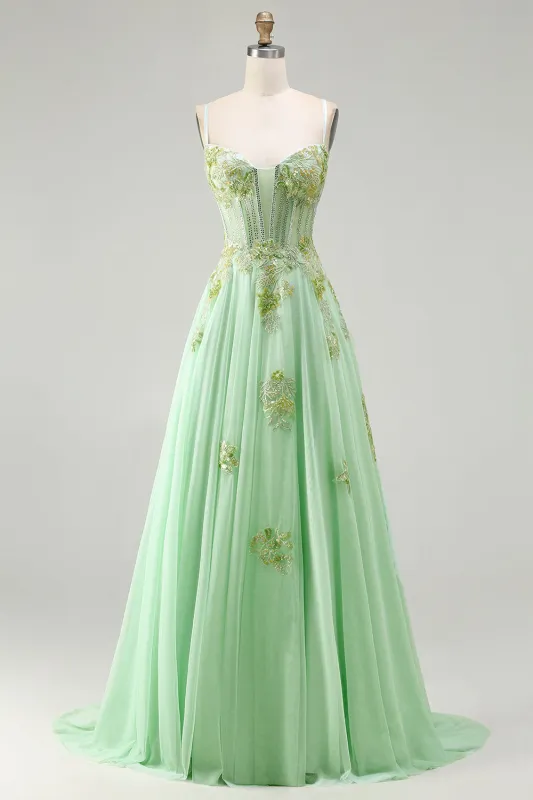 Green A Line Beaded Corset Sequin Appliqued Long Prom Dress sold by Zapaka