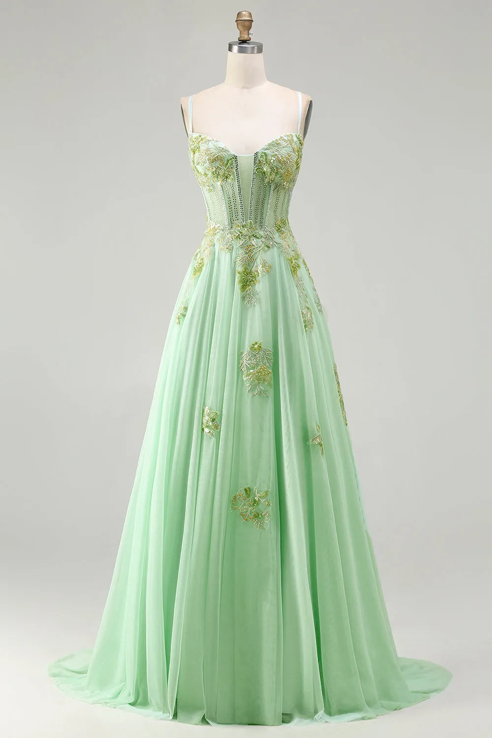 Green A Line Beaded Corset Sequin Appliqued Long Prom Dress sold by Zapaka