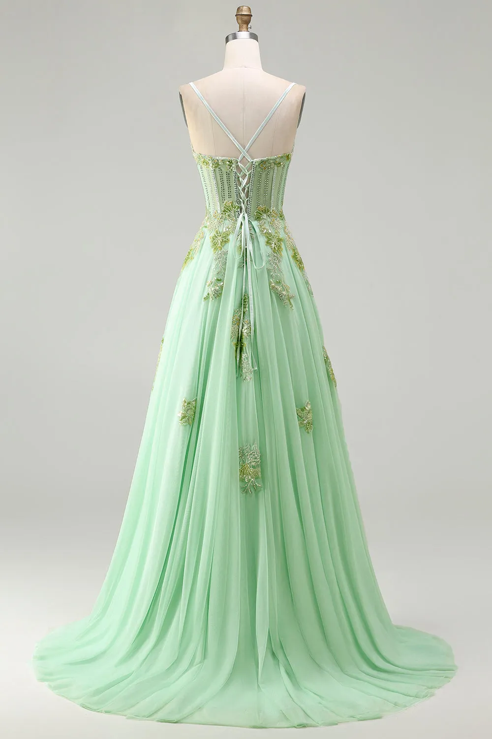 Green A Line Beaded Corset Sequin Appliqued Long Prom Dress sold by Zapaka product image thumbnail 2