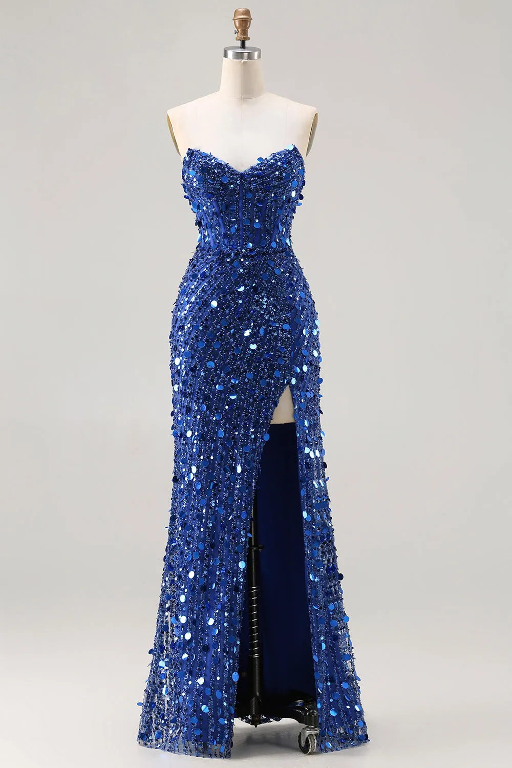 Sparkly Royal Blue Strapless Sheath Sequin Corset Long Prom Dress With Slit sold by Zapaka