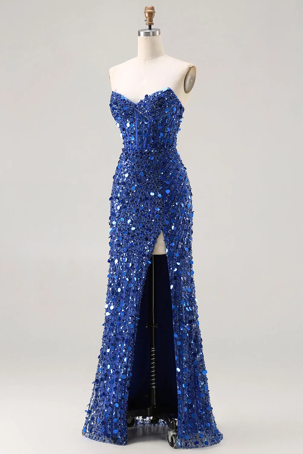 Sparkly Royal Blue Strapless Sheath Sequin Corset Long Prom Dress With Slit sold by Zapaka product image thumbnail 3