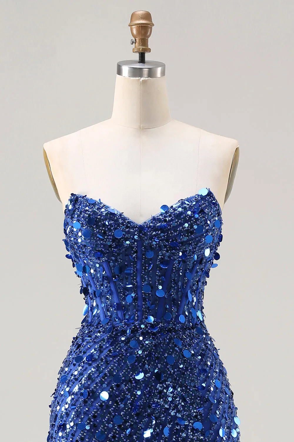 Sparkly Royal Blue Strapless Sheath Sequin Corset Long Prom Dress With Slit sold by Zapaka product image thumbnail 4