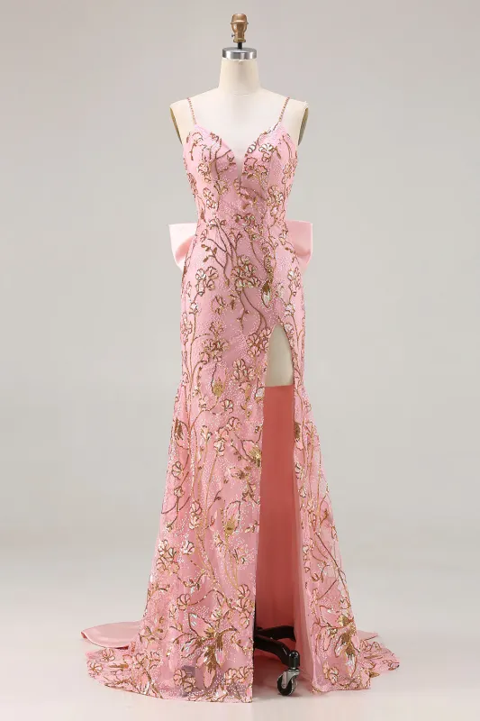 Sparkly Pink Mermaid Sequin Back Bow Long Prom Dress with Slit sold by Zapaka