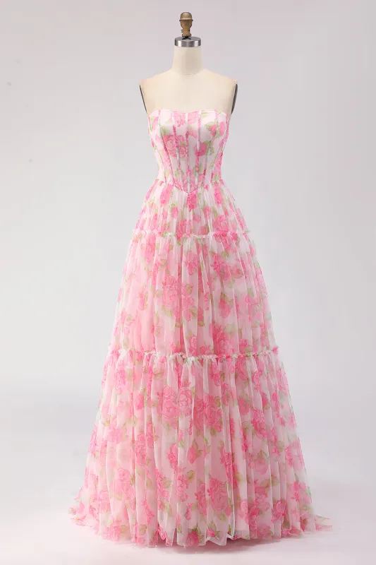 Pink Print Floral Strapless A Line Corset Long Prom Dress sold by Zapaka