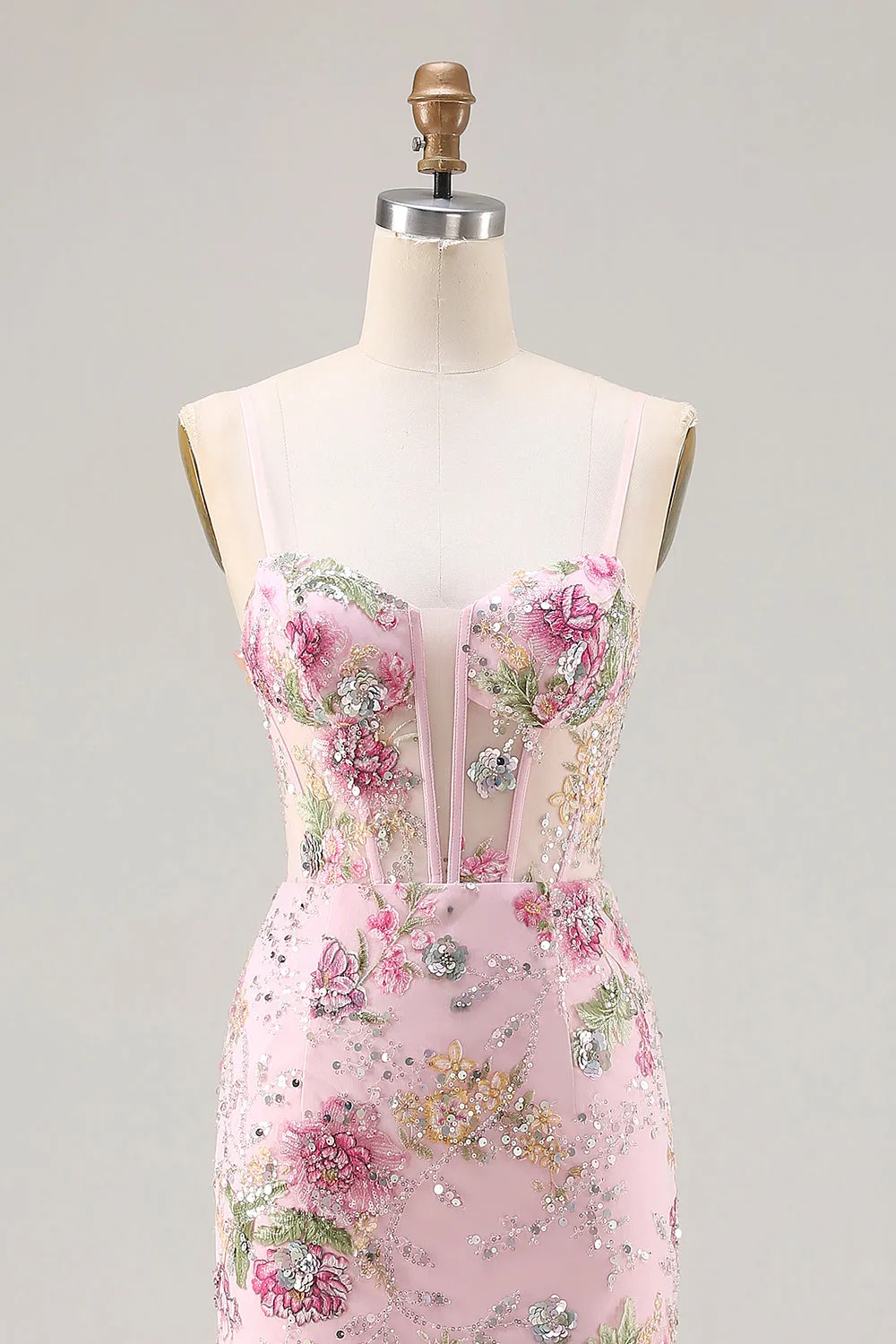 ZAPAKA Pink Mermaid Sequin Floral Tiered Long Prom Dress with Ruffle Slit sold by Zapaka product image thumbnail 4