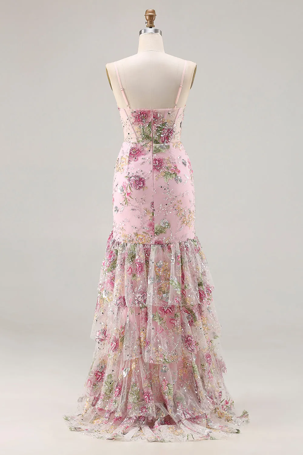 ZAPAKA Pink Mermaid Sequin Floral Tiered Long Prom Dress with Ruffle Slit sold by Zapaka product image thumbnail 2
