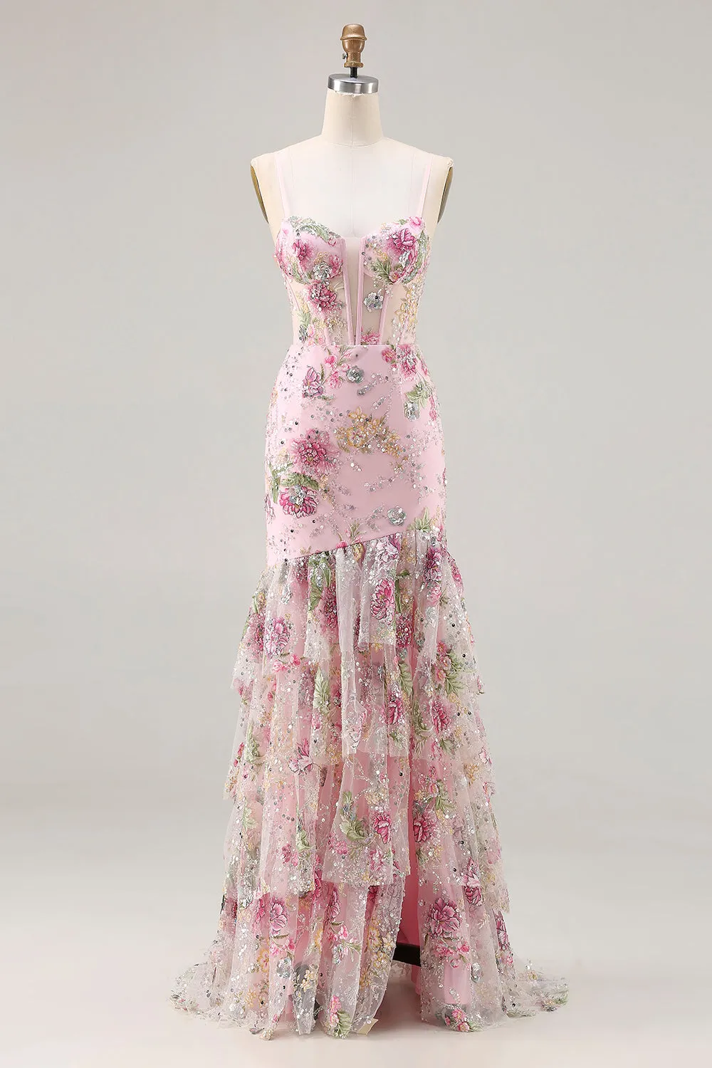 ZAPAKA Pink Mermaid Sequin Floral Tiered Long Prom Dress with Ruffle Slit sold by Zapaka