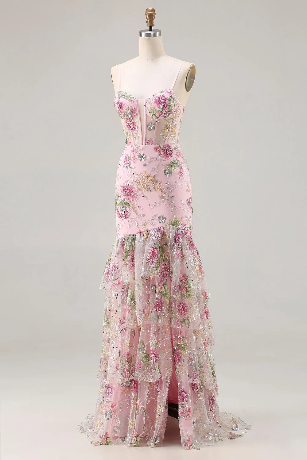 ZAPAKA Pink Mermaid Sequin Floral Tiered Long Prom Dress with Ruffle Slit sold by Zapaka product image thumbnail 3
